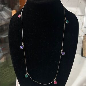 Elegant Silver Necklace with Purple and Green Charms